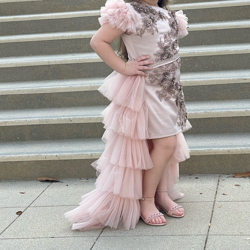 Pink Ruffled Asymmetrical High-Low Formal Gown